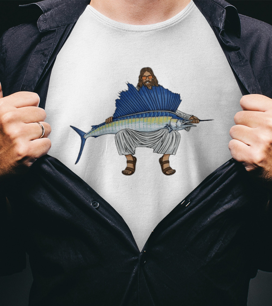 Jesus Holding Sailfish Fish Like Iconic Religious Savior T-Shirt