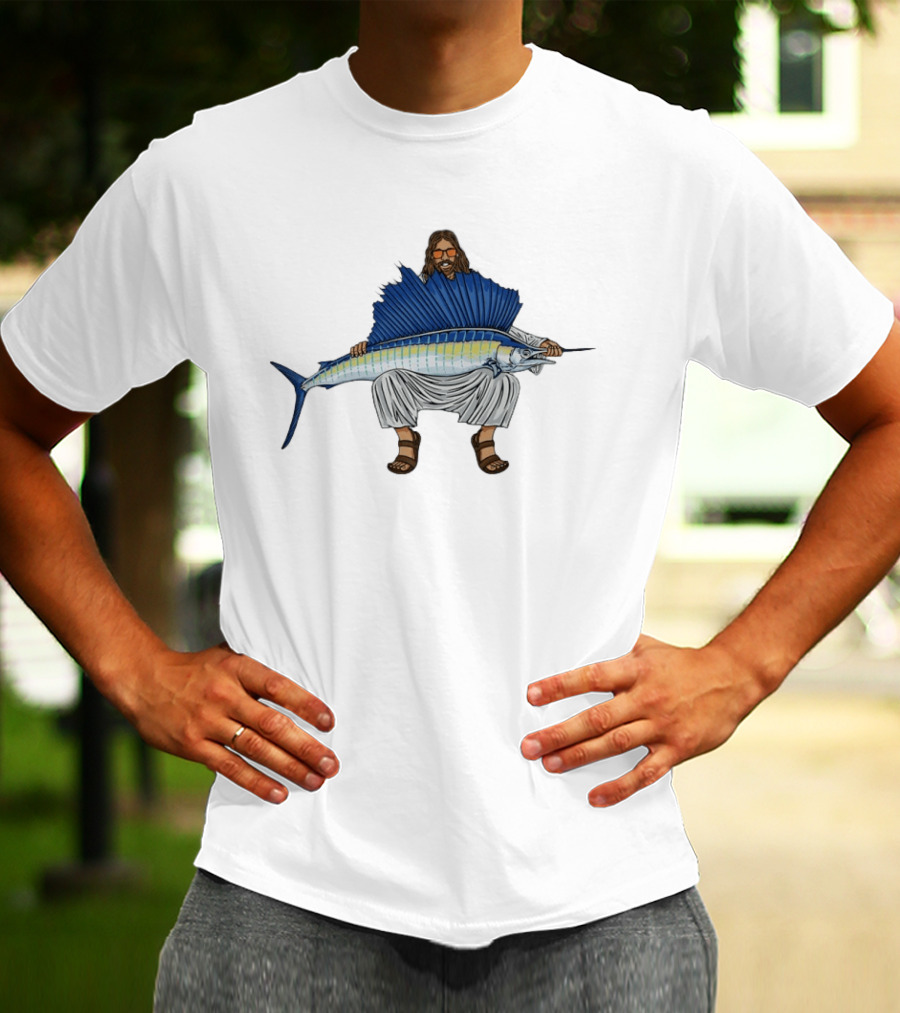 Jesus Holding Sailfish Fish Like Iconic Religious Savior T-Shirt