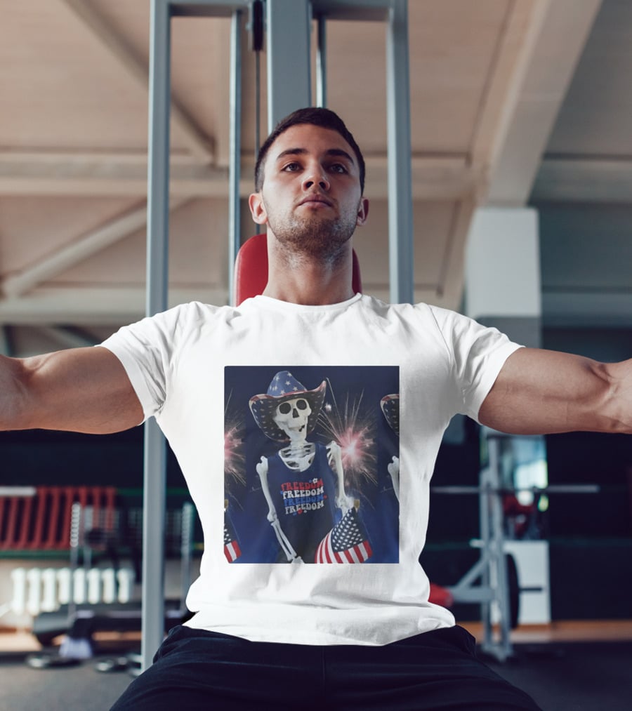 Freedom Skeleton Patriot With American Flag And Fireworks Fourth Of July T-Shirt