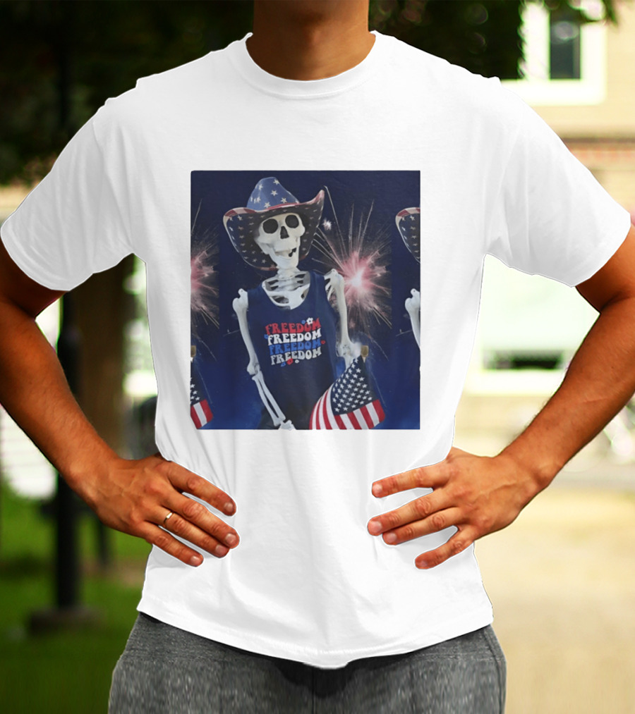 Freedom Skeleton Patriot With American Flag And Fireworks Fourth Of July T-Shirt