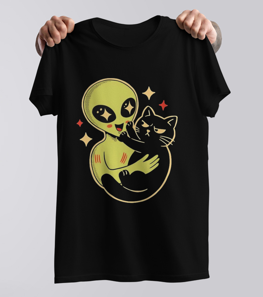 Alien Holding Grumpy Black Cat Surrounded By Stars T-Shirt