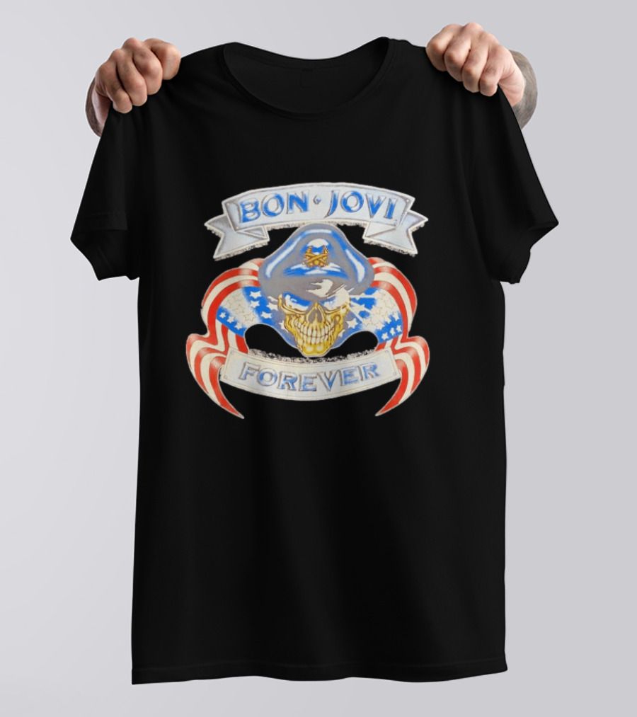Bon Jovi Forever Skull With American Flag Banners And Blue Cap T-Shirt