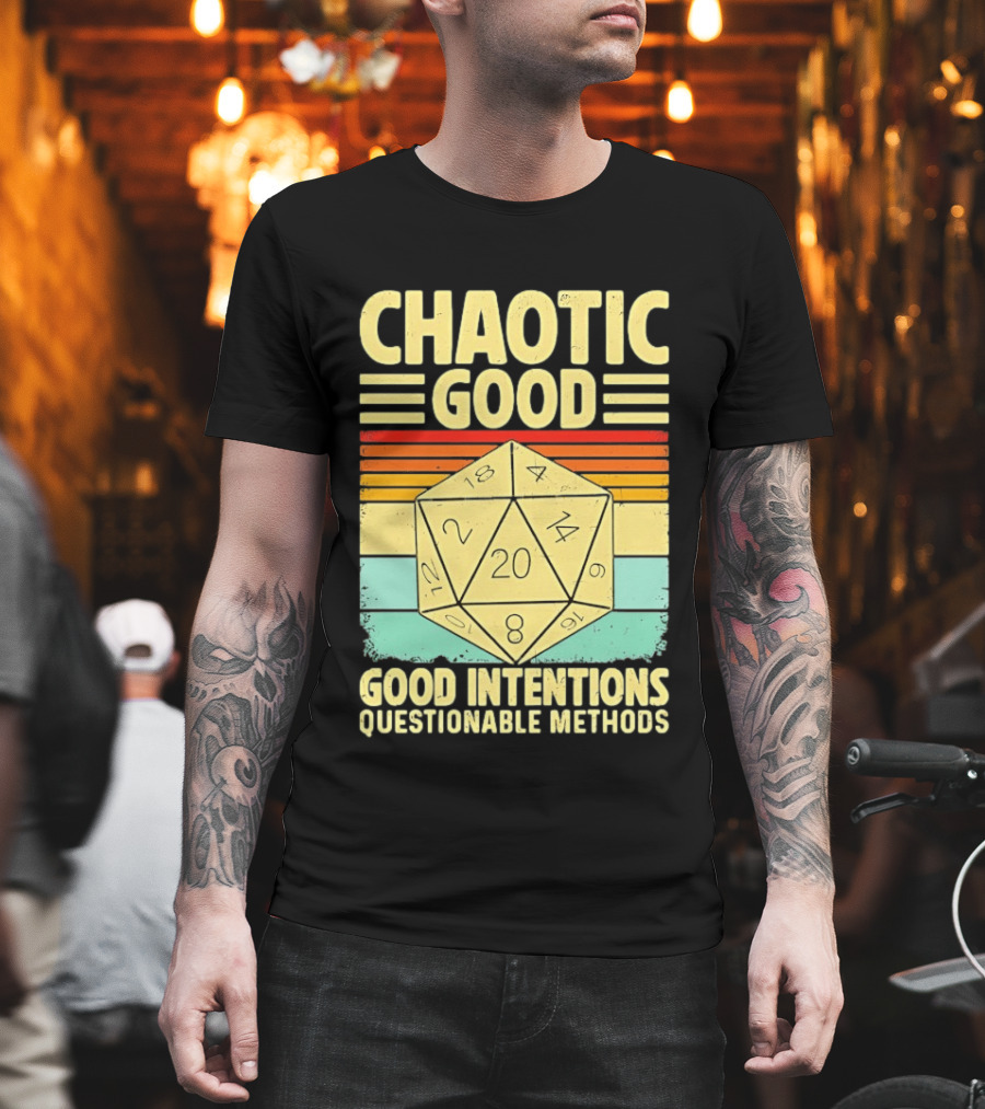 Chaotic Good D20 Good Intentions Questionable Methods Stripes T-Shirt