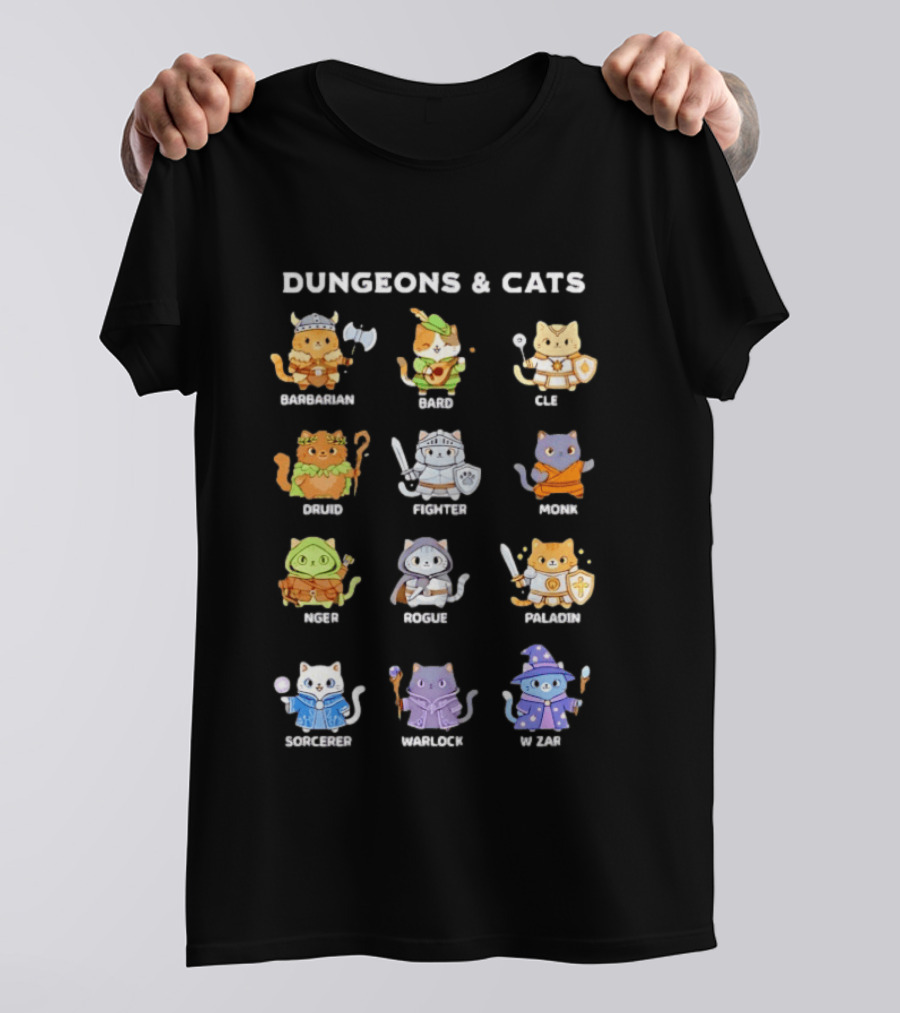 Dungeons And Cats Barbarian Bard Cleric Druid Fighter Monk Mage Rogue Paladin Sorcerer Warlock Wizard T-Shirt