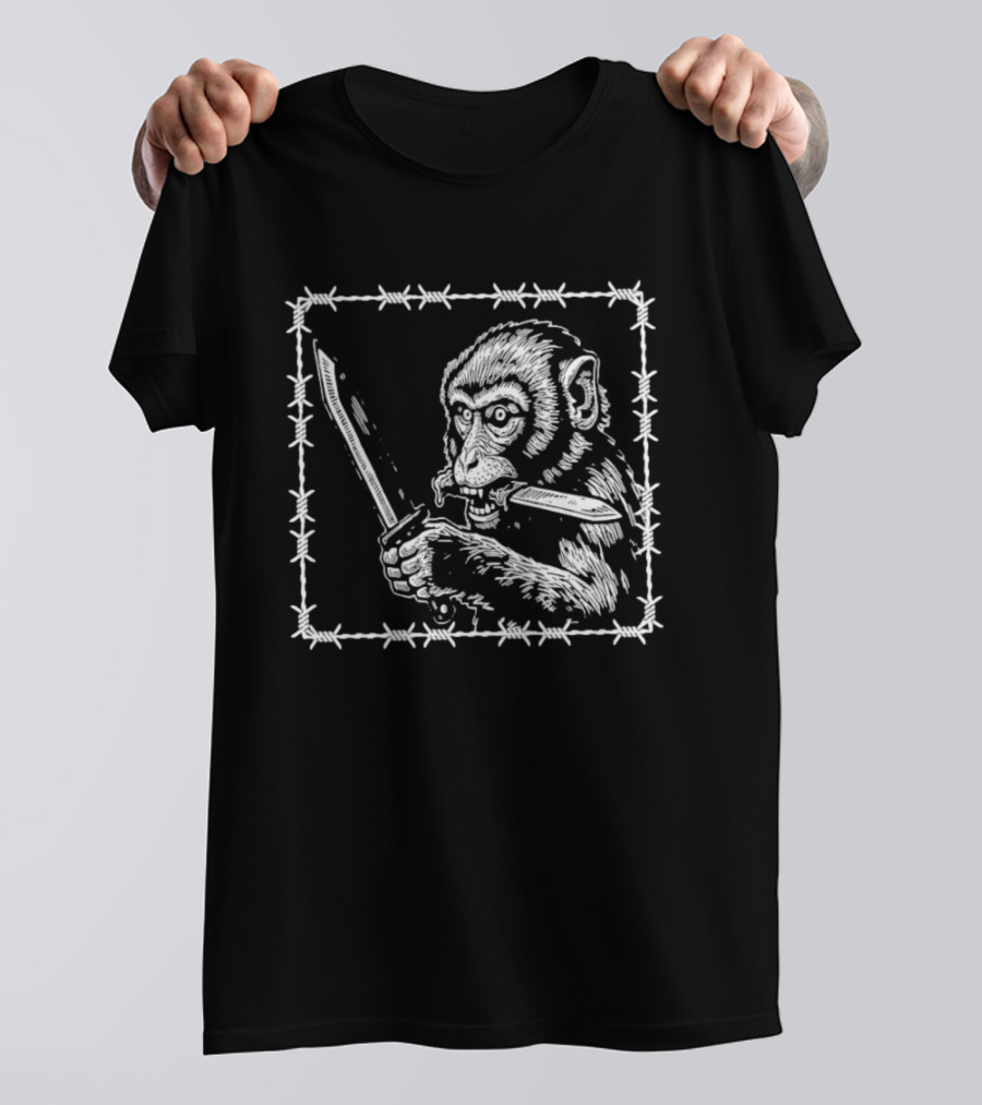 Monkey Holding Knife Barbed Wire Black And White Sketch T-Shirt