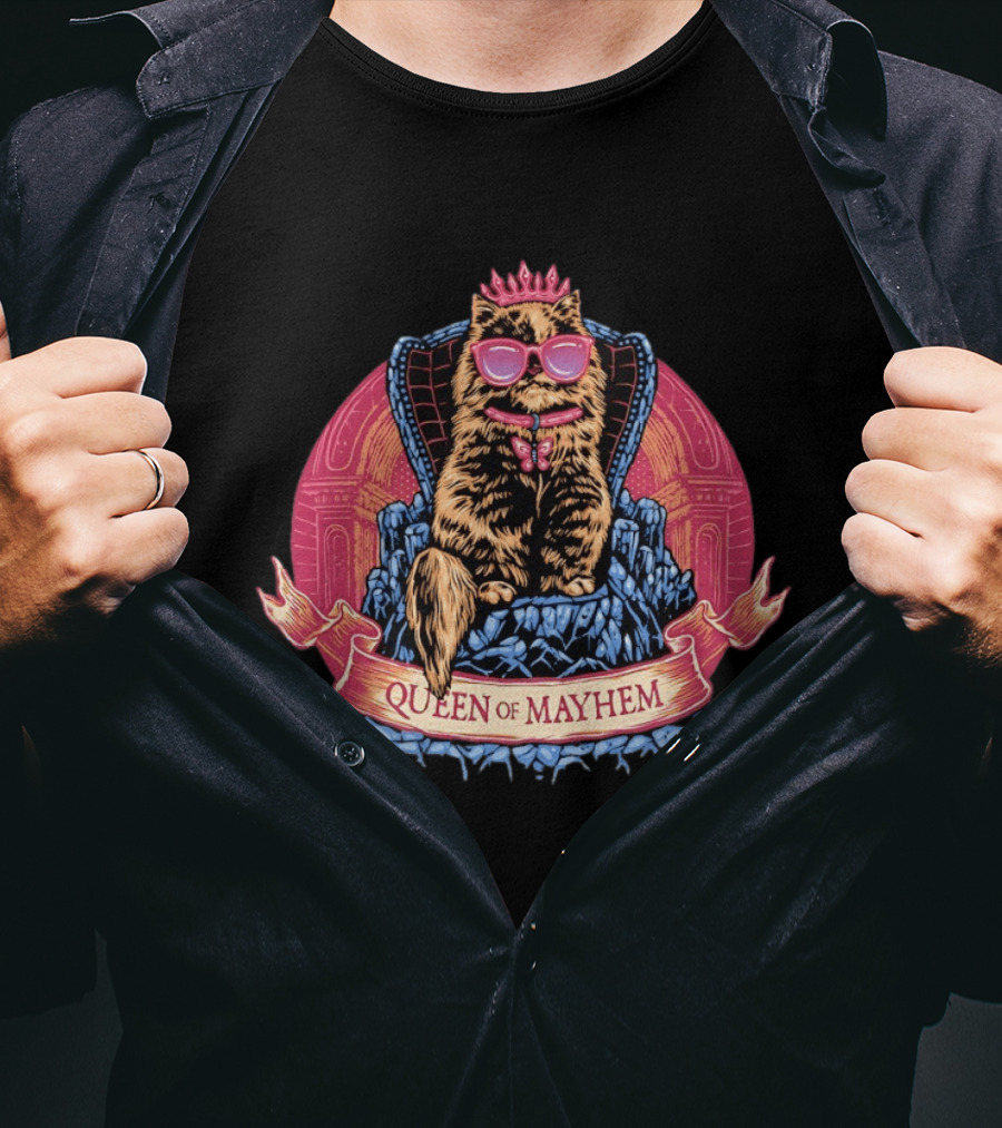 Queen Of Mayhem Cat With Pink Crown And Glasses On Throne T-Shirt