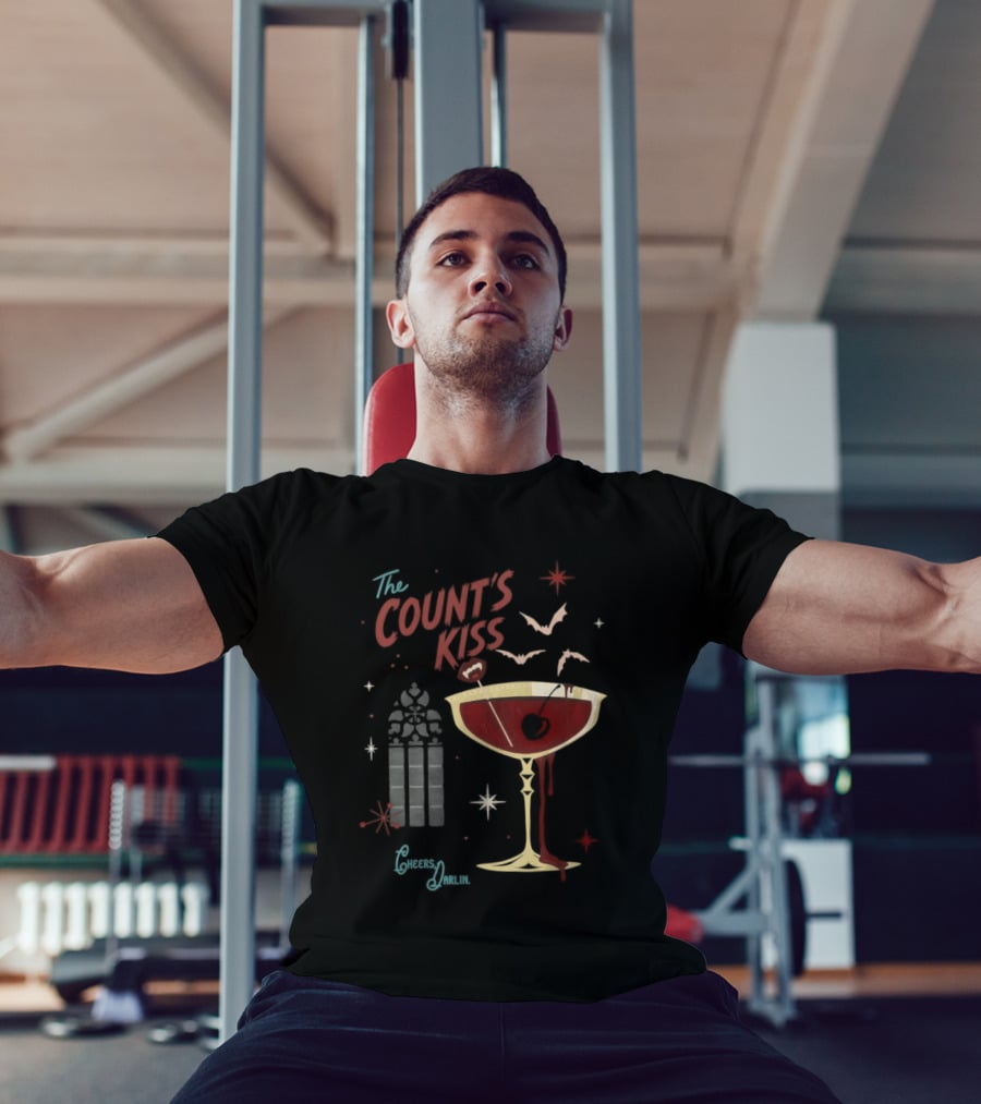 The Count's Kiss Cheers Darlin Vampire With Gothic Window And Wine Glass T-Shirt