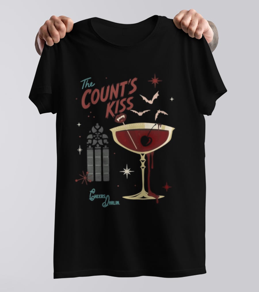 The Count's Kiss Cheers Darlin Vampire With Gothic Window And Wine Glass T-Shirt