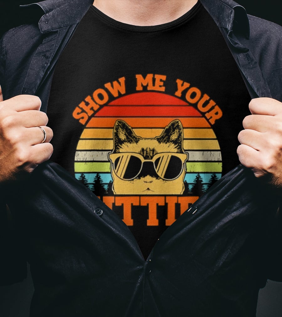Show Me Your Kitties Cat Sunglasses Retro Sunset T-Shirt