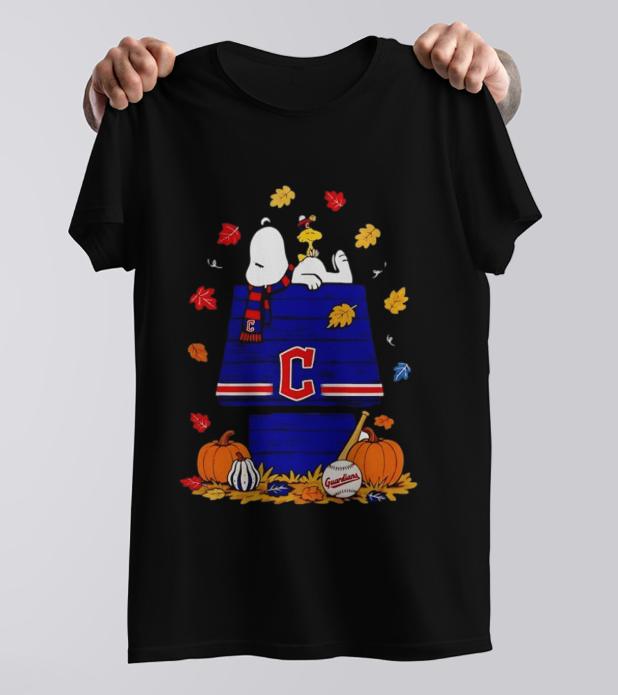 Snoopy Woodstock Cleveland Guardians Fall Baseball Pumpkins Autumn Leaves T-Shirt