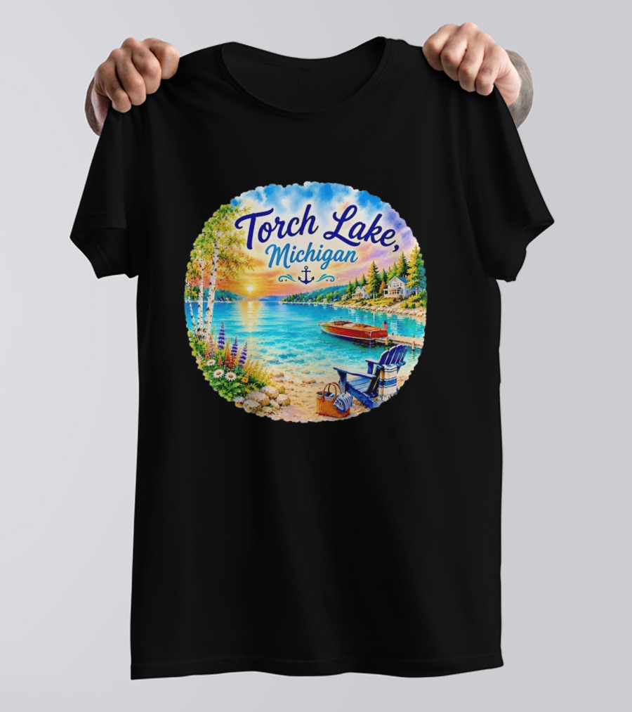 Torch Lake Michigan Sunset Scenic Lakeside Anchor T-Shirt