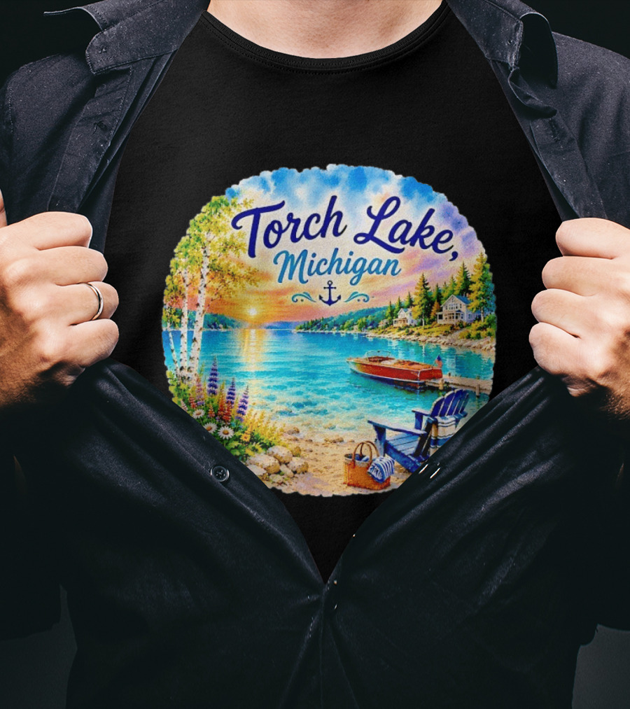 Torch Lake Michigan Sunset Scenic Lakeside Anchor T-Shirt