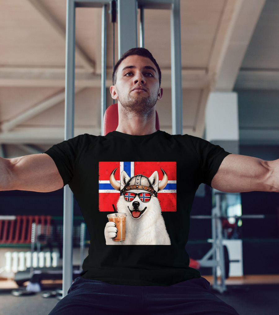 Viking Husky With Norwegian Flag Glasses And Iced Coffee T-Shirt