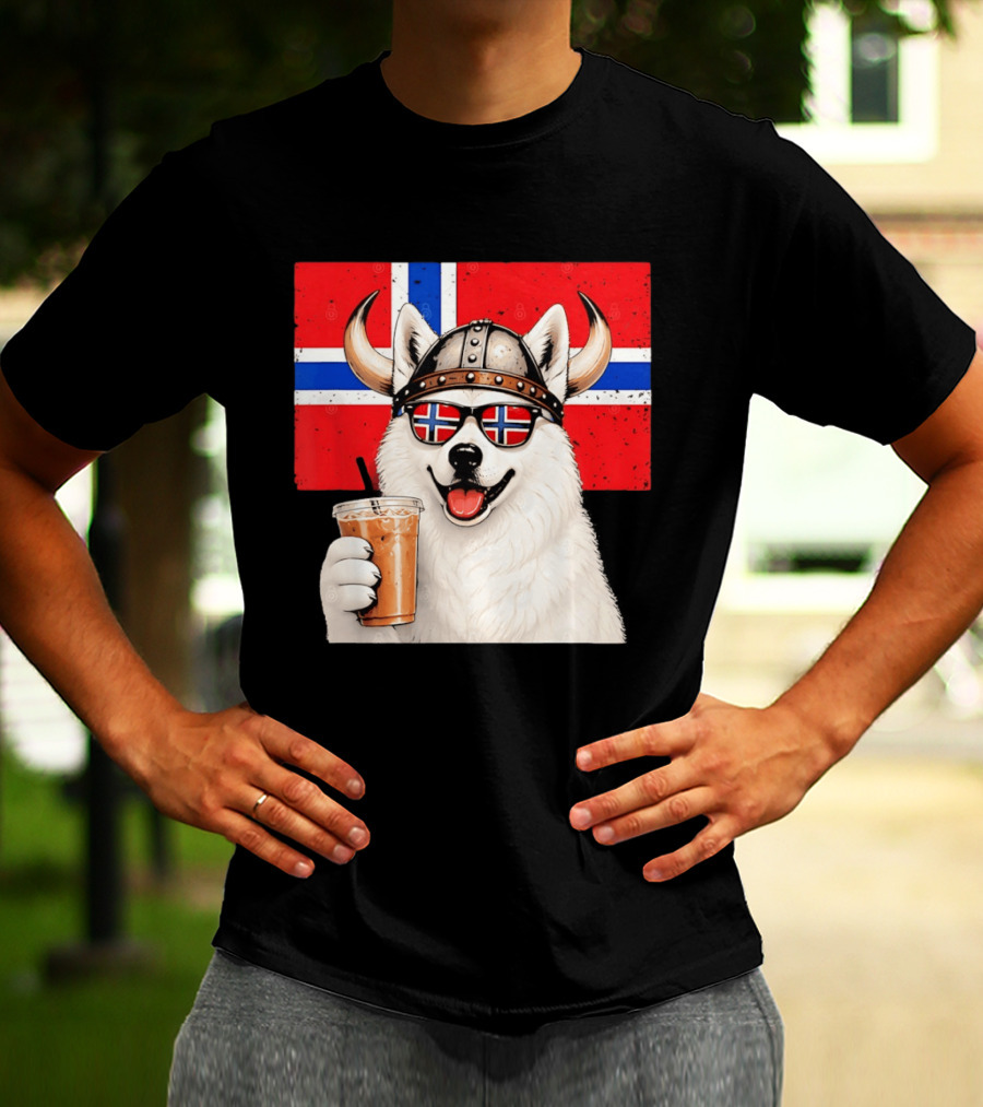 Viking Husky With Norwegian Flag Glasses And Iced Coffee T-Shirt