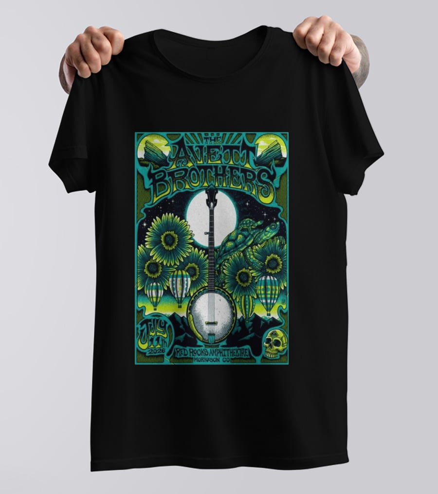 The Avett Brothers Red Rocks Amphitheatre July 11 2026 Morrison CO Banjo Sunflowers Hot Air Balloons Turtles Skulls T-Shirt