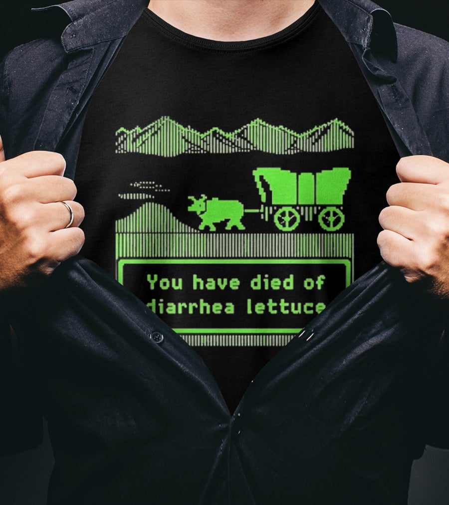 You Have Died Of Diarrhea Lettuce Oregon Trail Wagon Pixelated Retro Text Green T-Shirt