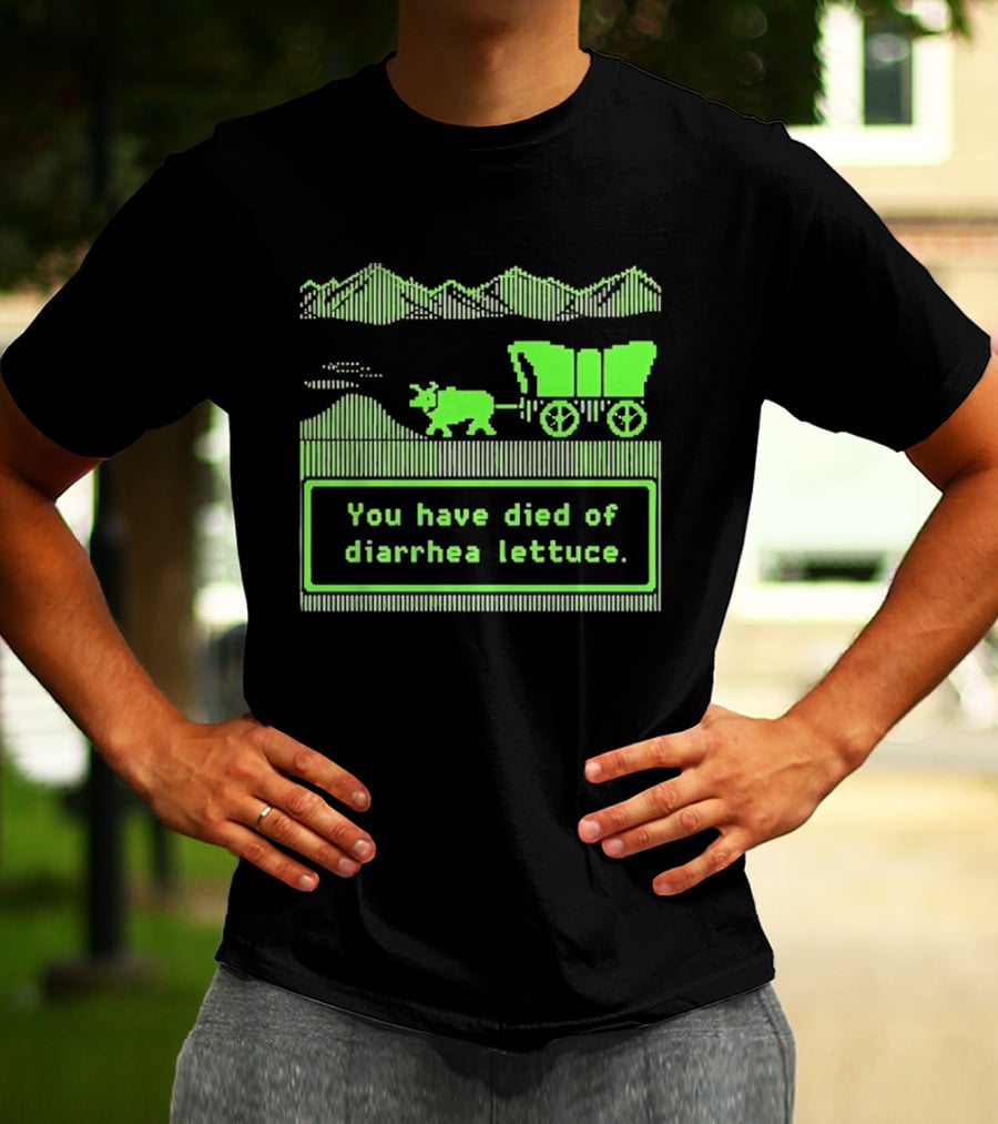 You Have Died Of Diarrhea Lettuce Oregon Trail Wagon Pixelated Retro Text Green T-Shirt