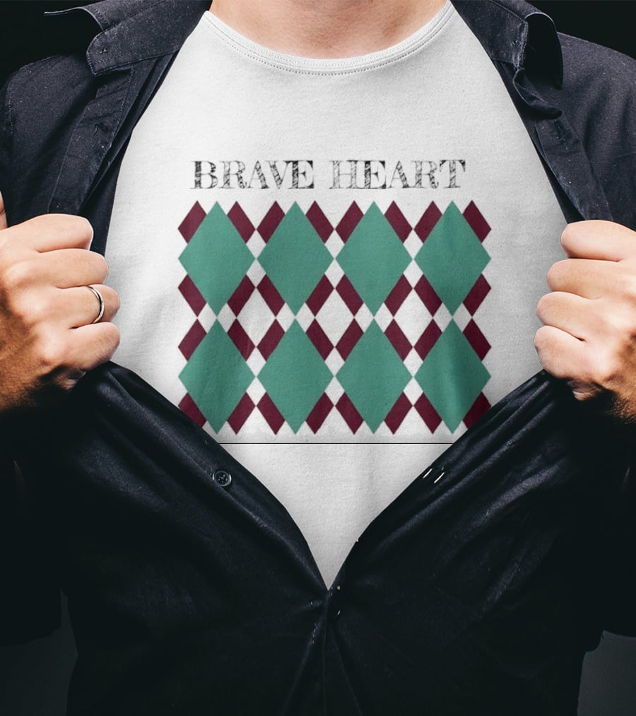 BRAVE HEART Argyle Pattern Teal Burgundy Diamonds T-Shirt