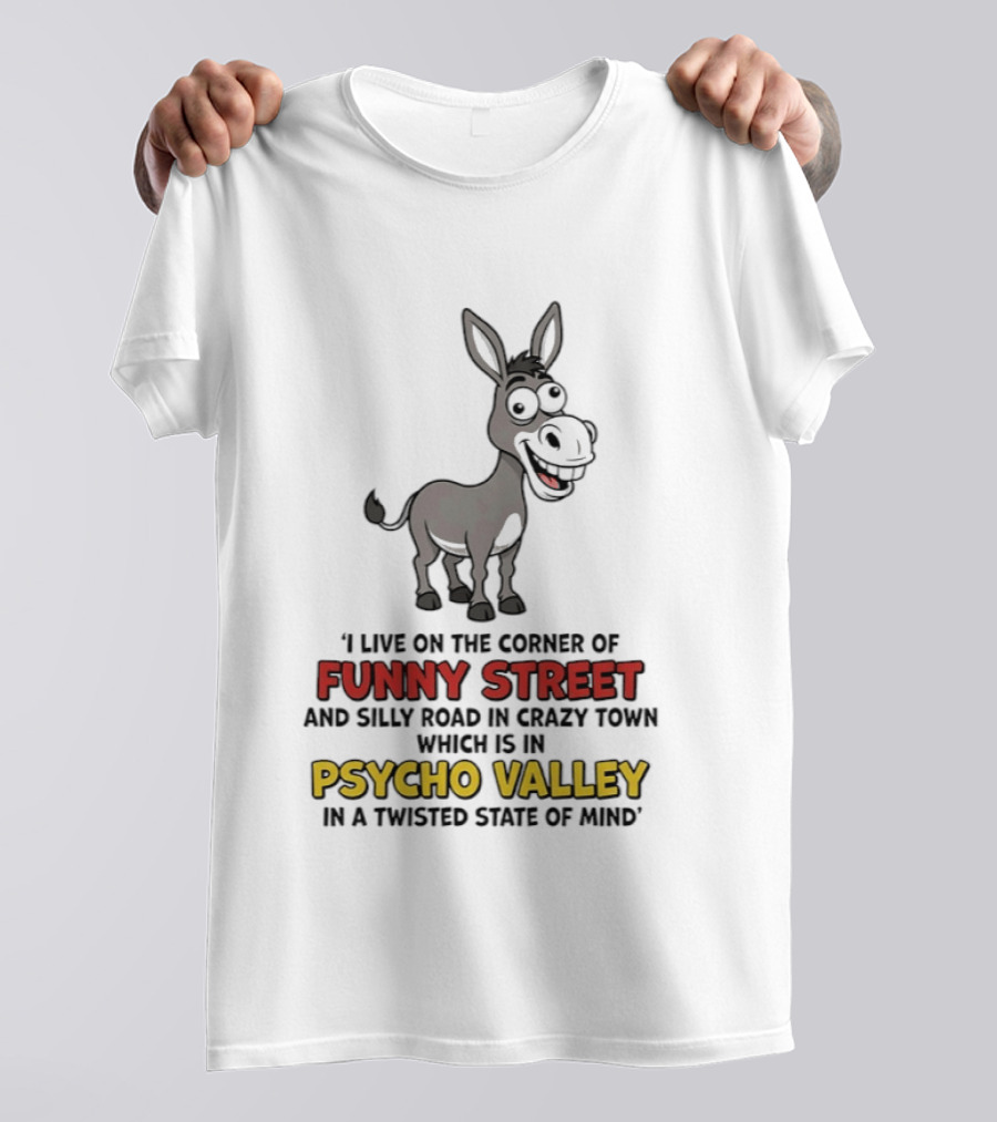 Donkey I Live On The Corner Of Funny Street And Silly Road In Crazy Town Psycho Valley In A Twisted State Of Mind T-Shirt