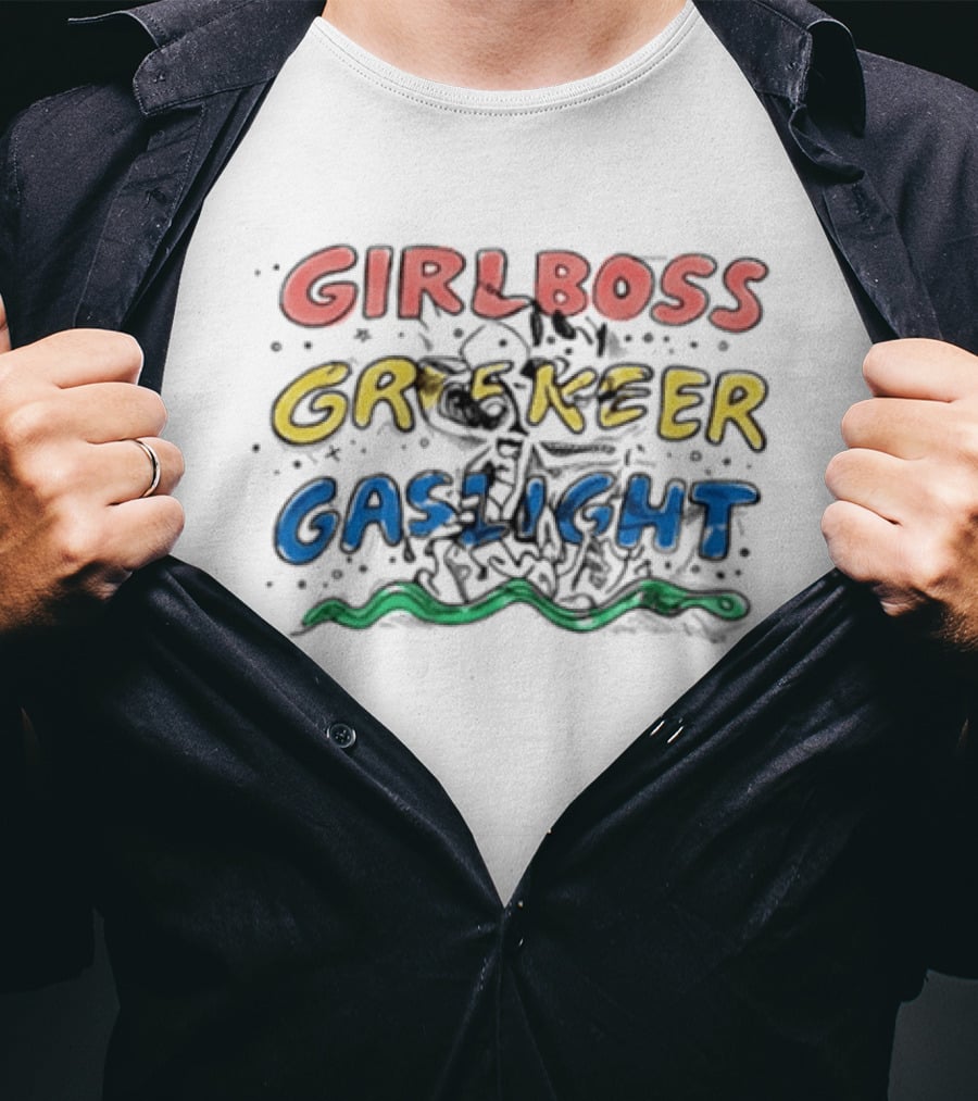 Girlboss Gatekeep Gaslight Meme With Colorful Text And Snake Motif T-Shirt