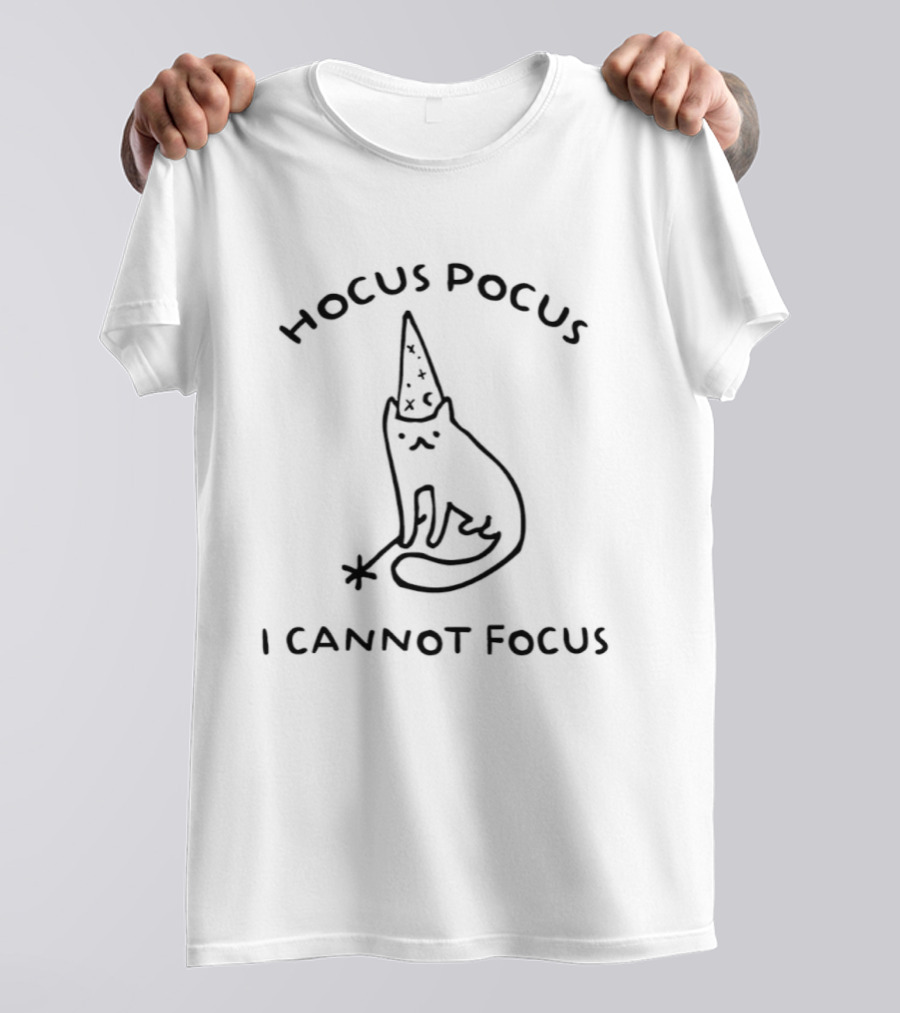 Hocus Pocus I Cannot Focus Cat ADHD Humor Magic Wand Wizard Hat T-Shirt