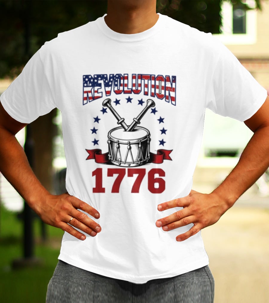 Revolution 1776 American Independence Drum With Stars And Crossed Drumsticks T-Shirt