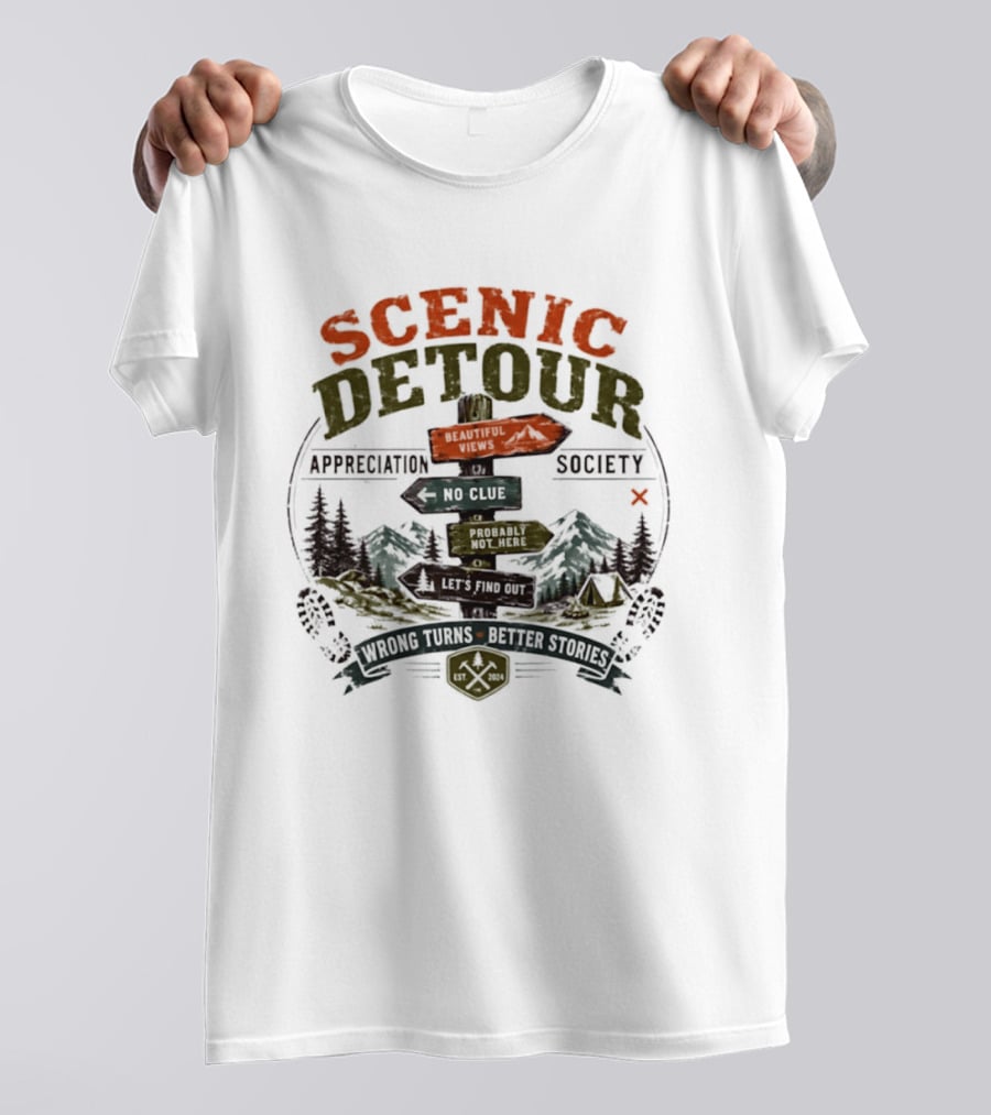 Scenic Detour Appreciation Society No Clue Adventure Awaits Better Stories T-Shirt