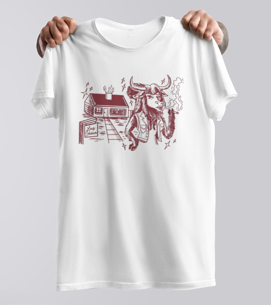 Lady Yakker Buffalo Smoking With Cabin And Stairs Rustic Red T-Shirt