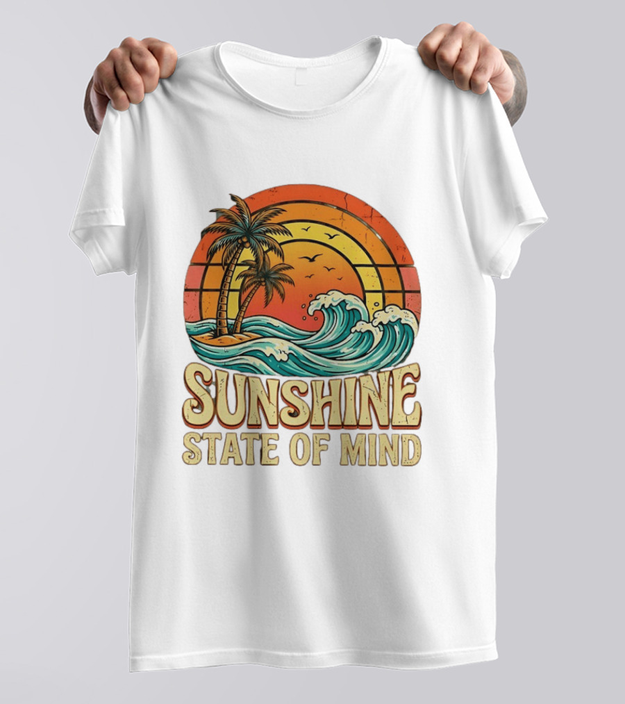 Sunshine State Of Mind Palm Trees Crashing Waves Sunset T-Shirt