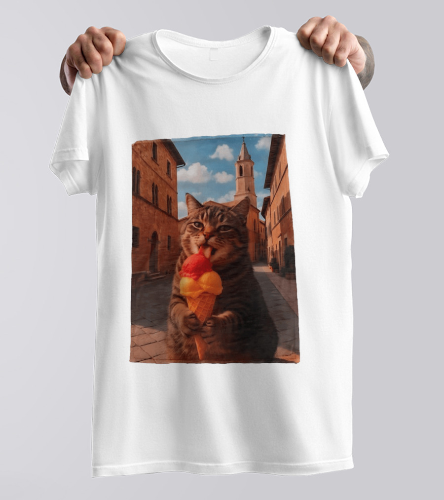 Tabby Cat Eating Ice Cream Cone In Italian Village Street Scene T-Shirt