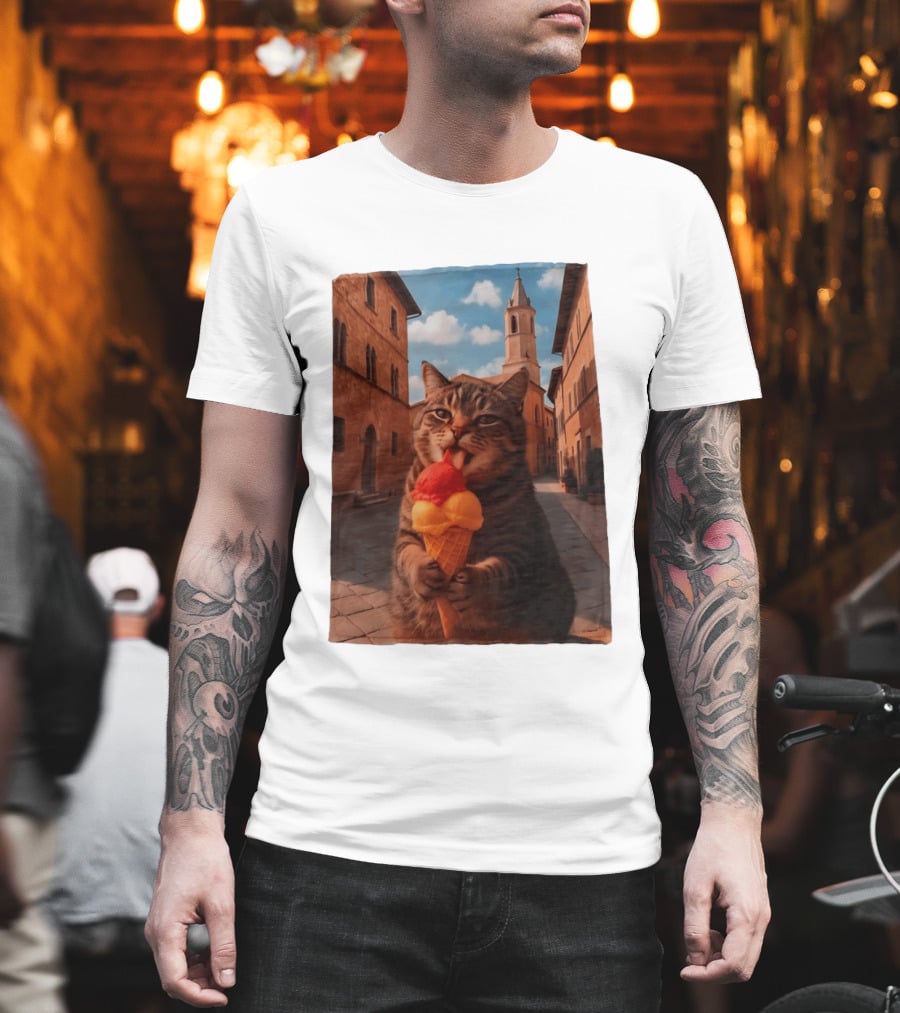 Tabby Cat Eating Ice Cream Cone In Italian Village Street Scene T-Shirt