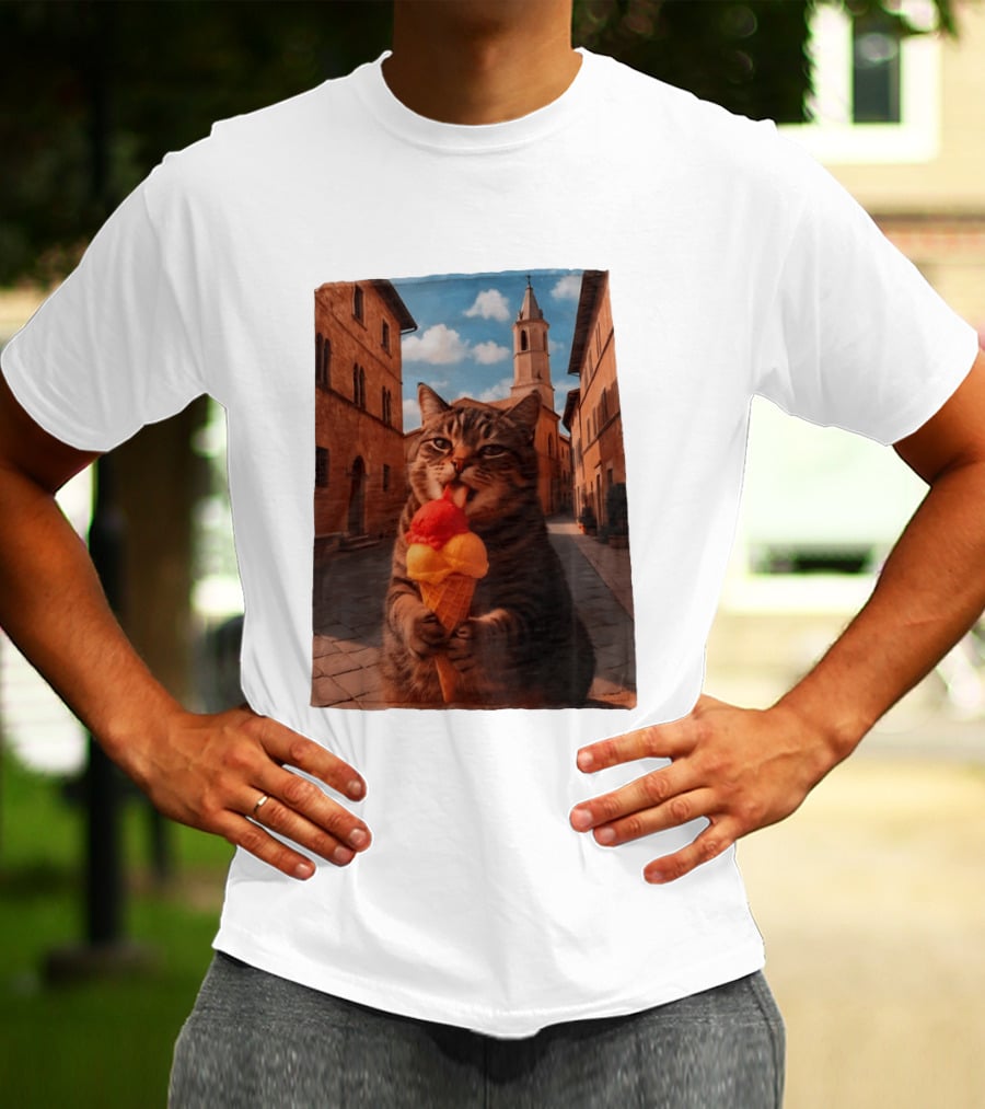 Tabby Cat Eating Ice Cream Cone In Italian Village Street Scene T-Shirt