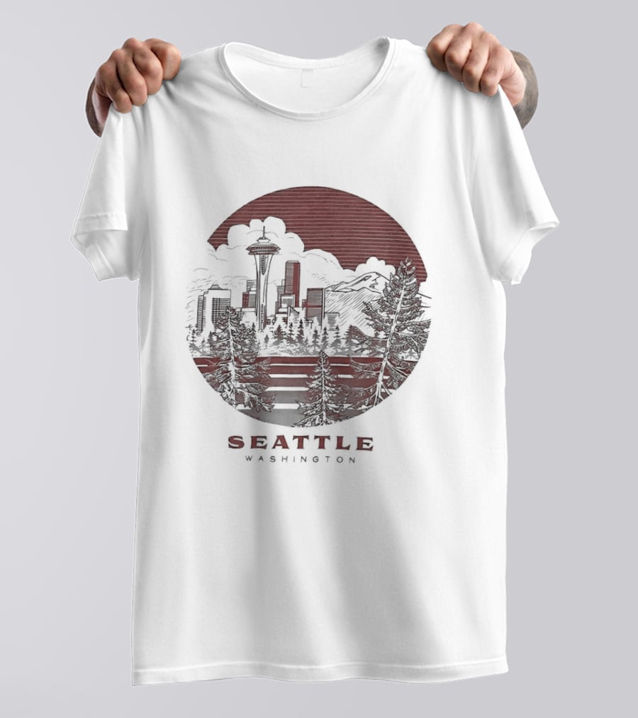 Seattle Washington Skyline Space Needle Mountains Forest T-Shirt
