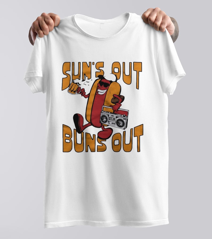 Sun's Out Buns Out Hot Dog With Sunglasses Holding Beer And Boombox T-Shirt