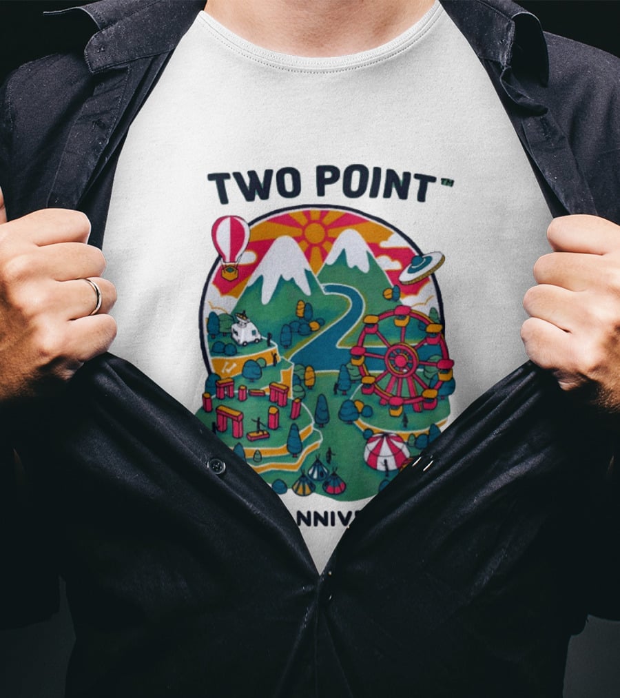 Two Point 10th Anniversary Scenic Mountain Adventure With UFO And Hot Air Balloon T-Shirt