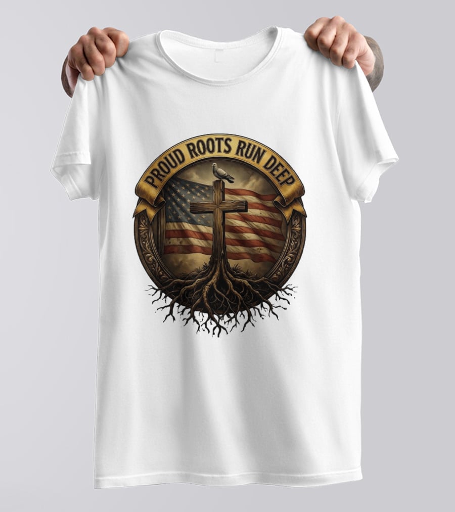 Proud Roots Run Deep Cross Dove American Flag Roots T-Shirt