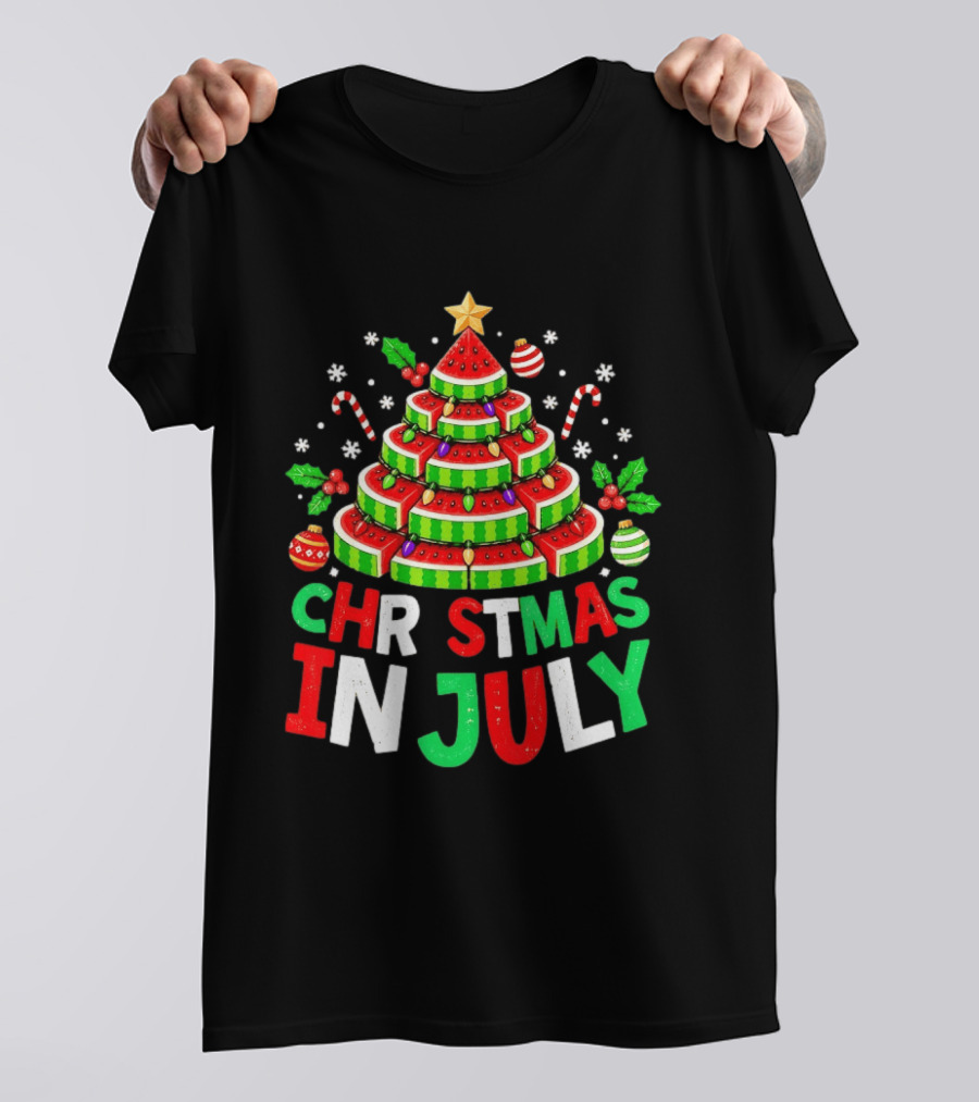 Christmas In July Watermelon Tree With String Lights And Candy Canes T-Shirt