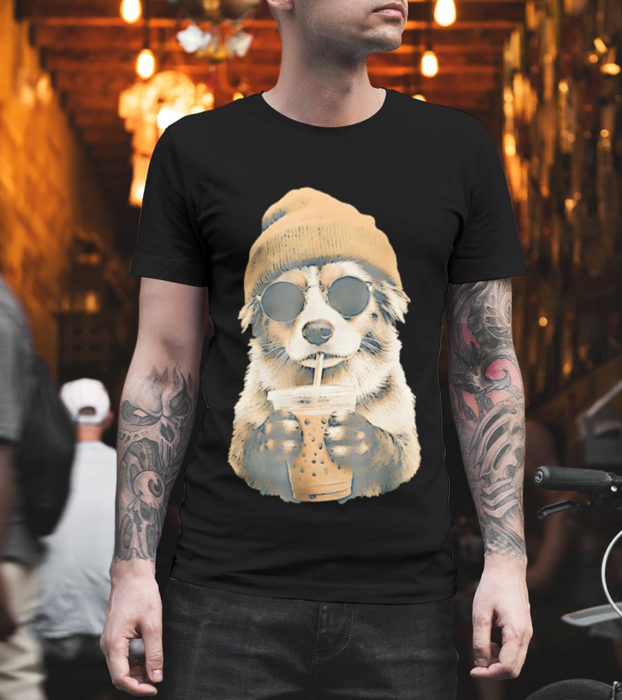 Cozy Dog In Beanie And Sunglasses Enjoying Iced Boba Tea T-Shirt