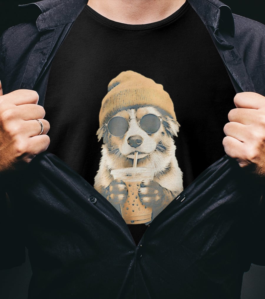 Cozy Dog In Beanie And Sunglasses Enjoying Iced Boba Tea T-Shirt