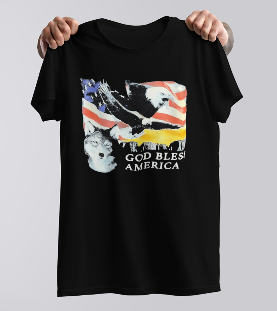 God Bless America Bald Eagle Wolf And American Flag Patriotic T-Shirt
