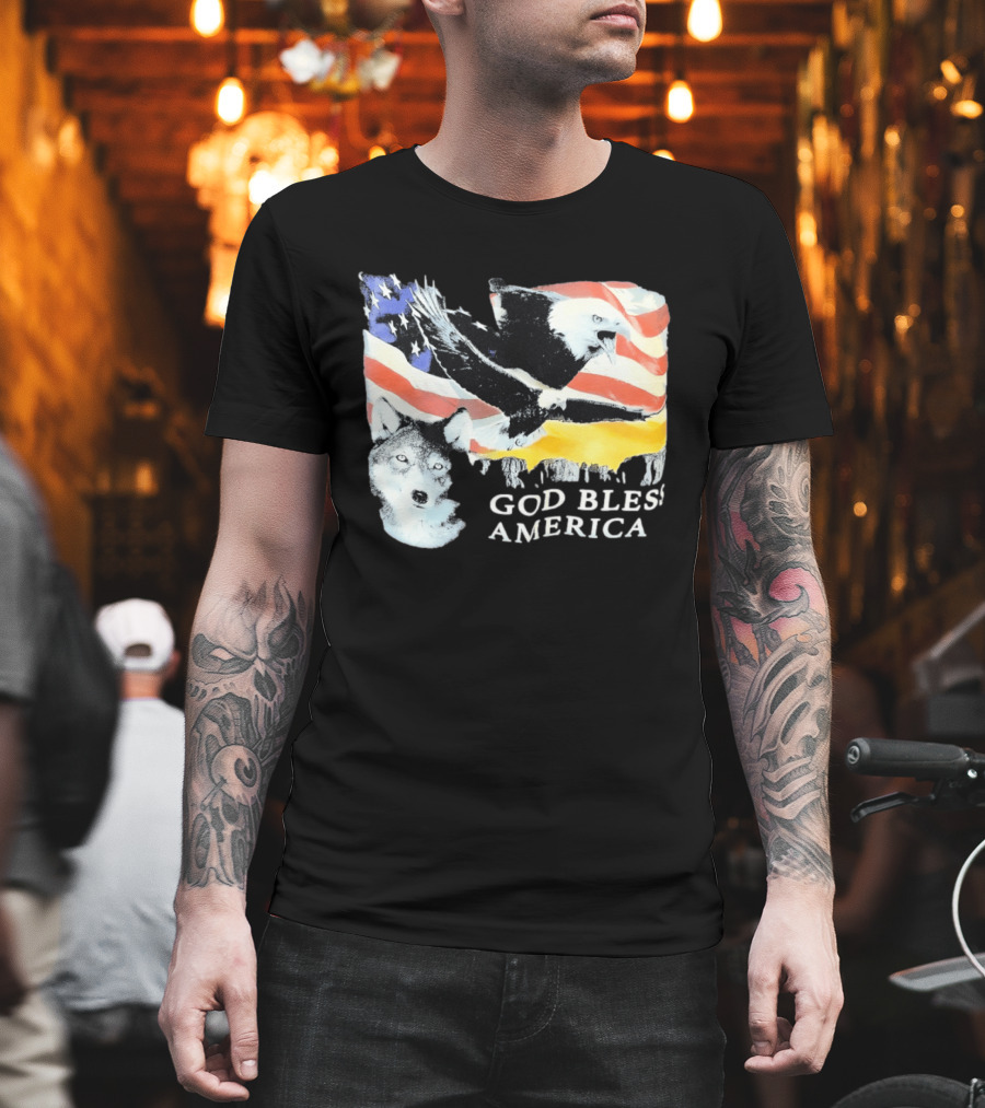 God Bless America Bald Eagle Wolf And American Flag Patriotic T-Shirt