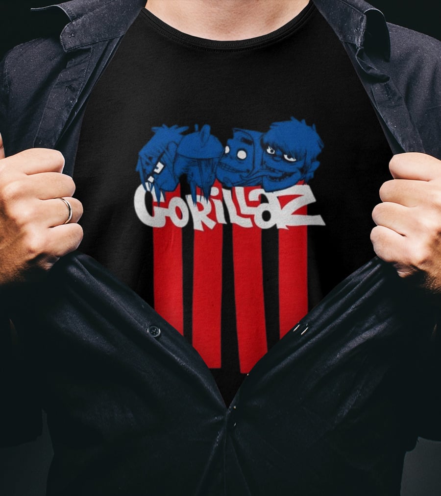 GORILLAZ Pez Heads Characters Red Stripes T-Shirt