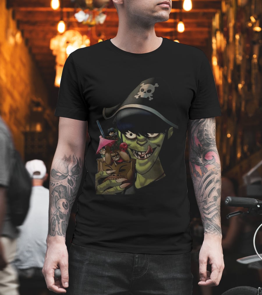 GORILLAZ Pirate Skull Hat And Tiki Cocktail T-Shirt