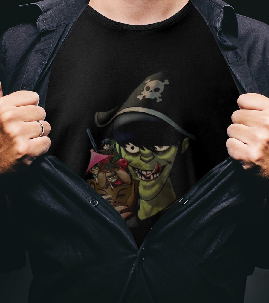 GORILLAZ Pirate Skull Hat And Tiki Cocktail T-Shirt