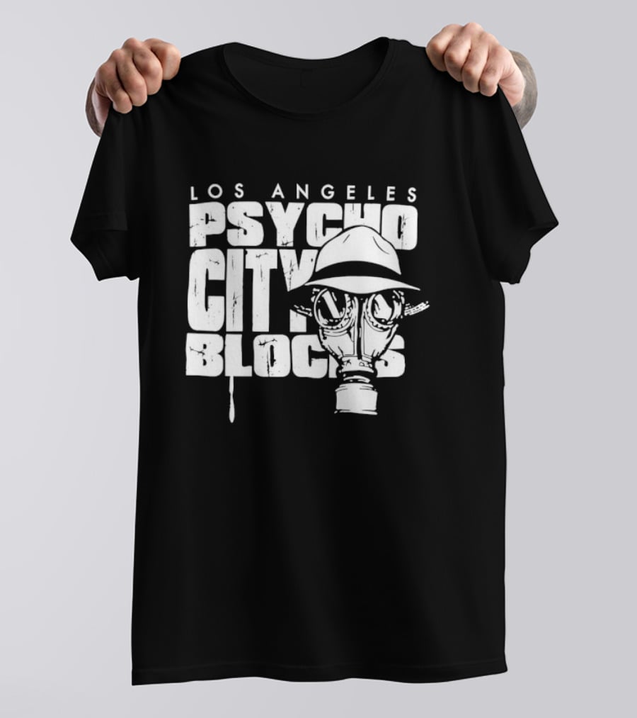 Los Angeles Psycho City Blocks Gas Mask Helmet Bold Lettering T-Shirt