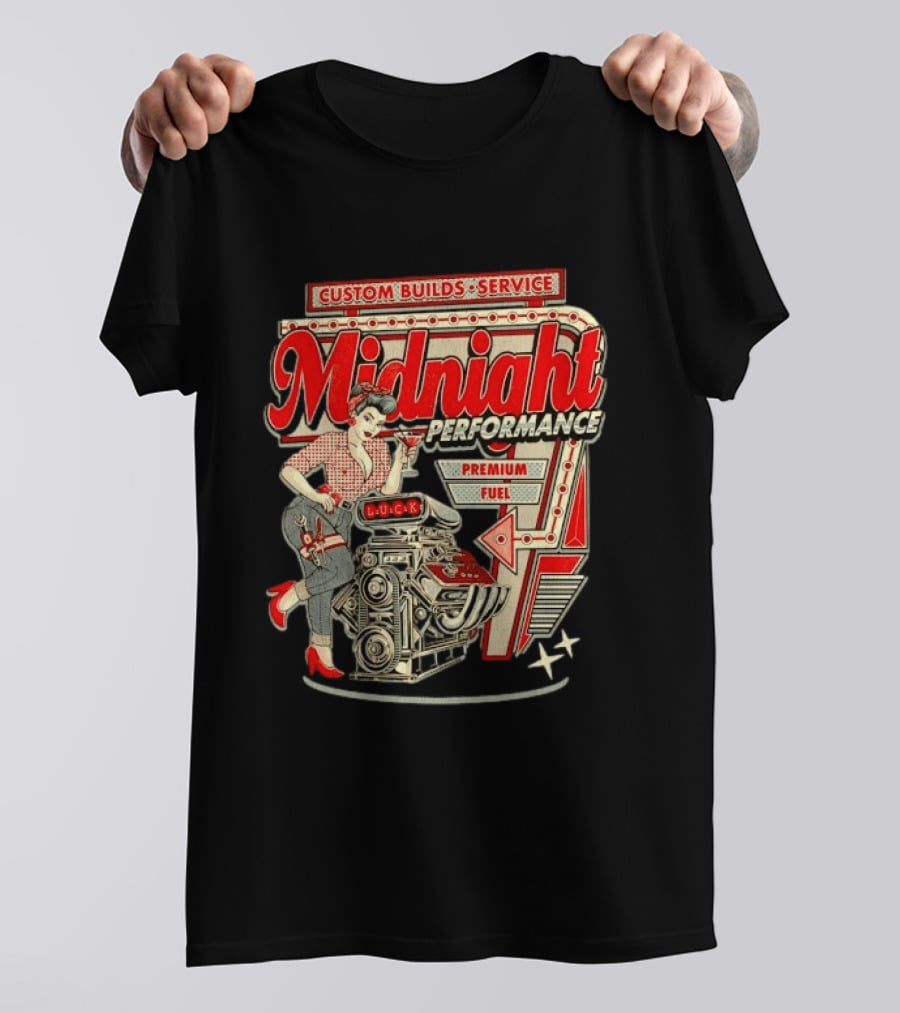 Midnight Performance Custom Builds Service Premium Fuel Retro Pin Up T-Shirt