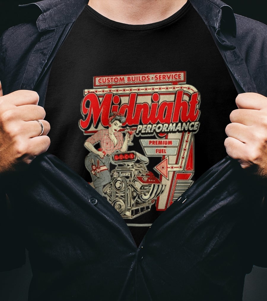 Midnight Performance Custom Builds Service Premium Fuel Retro Pin Up T-Shirt