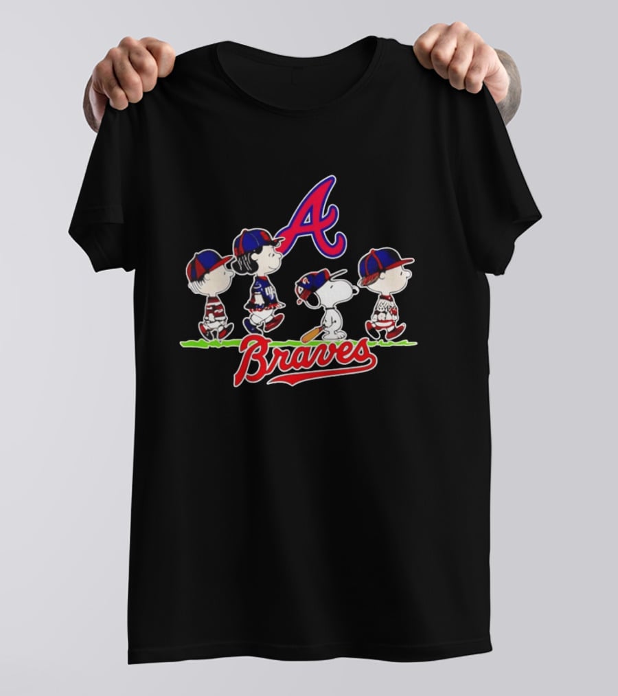 Atlanta Braves Peanuts Characters Walking With Baseball Caps T-Shirt
