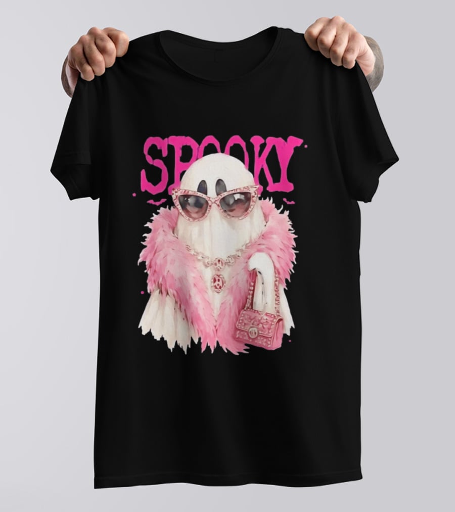 Spooky Glamorous Ghost With Pink Fur And Sunglasses T-Shirt