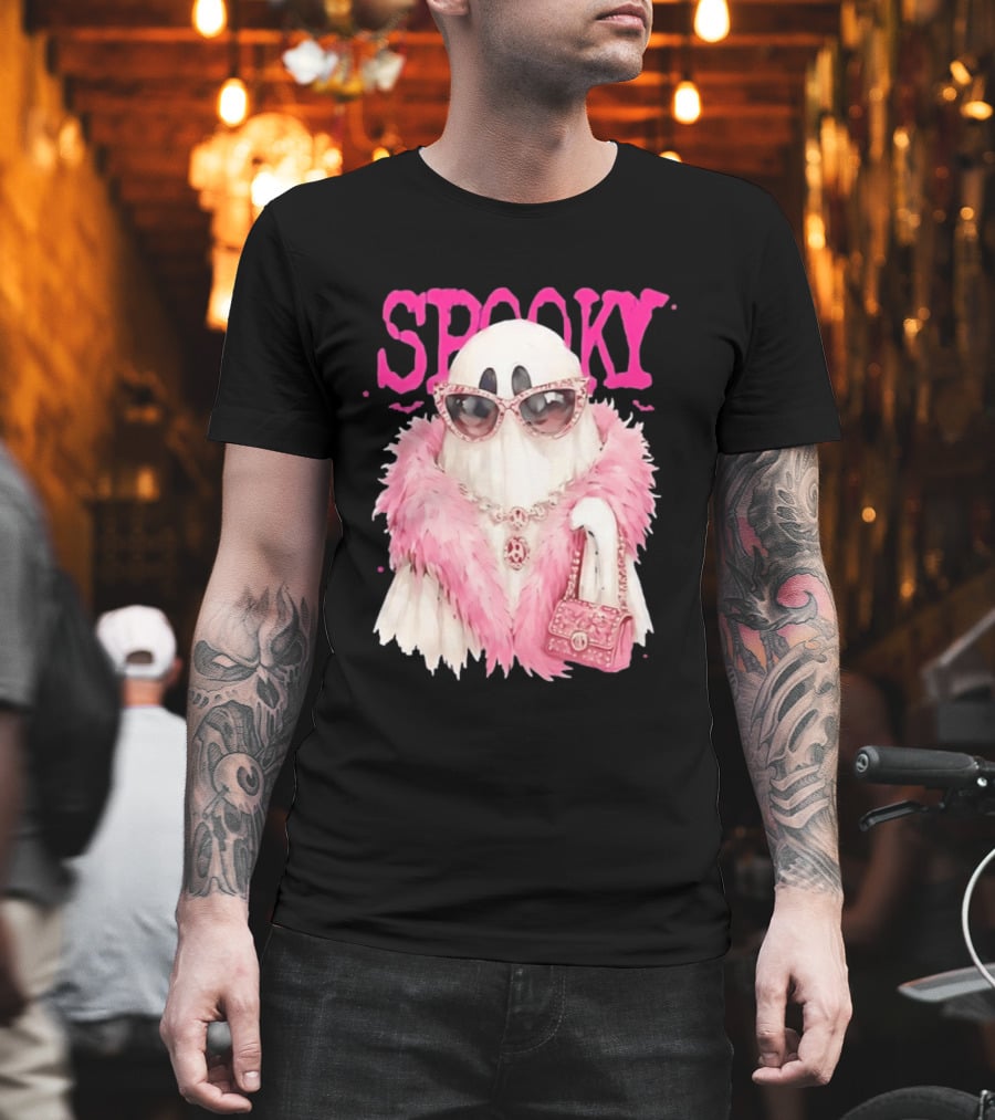 Spooky Glamorous Ghost With Pink Fur And Sunglasses T-Shirt